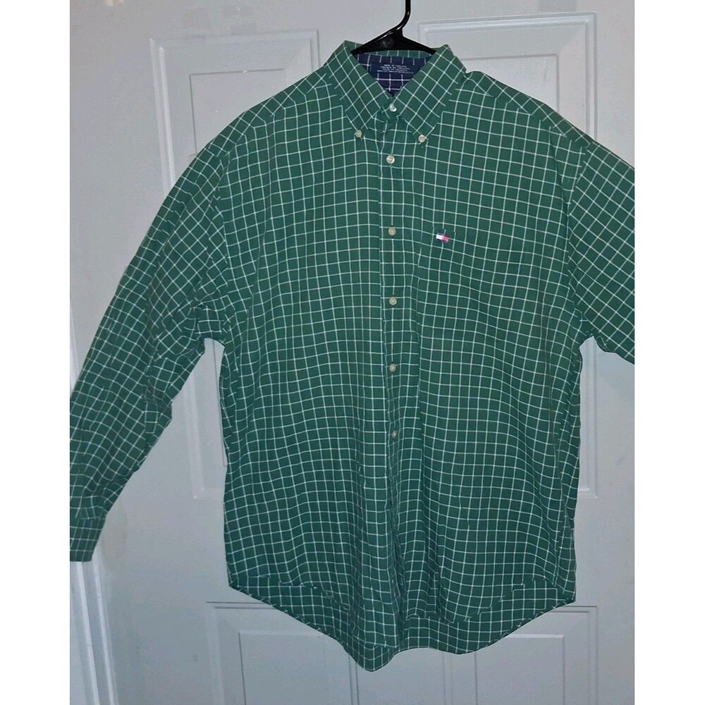 Vintage Tommy Hilfiger Shirt Mens Medium Green Plaid Grid Long Sleeve Cotton